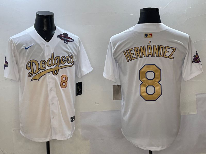 Men Los Angeles Dodgers 8 Hernandez White Champion gold character 2025 Nike MLB Jersey style 2
